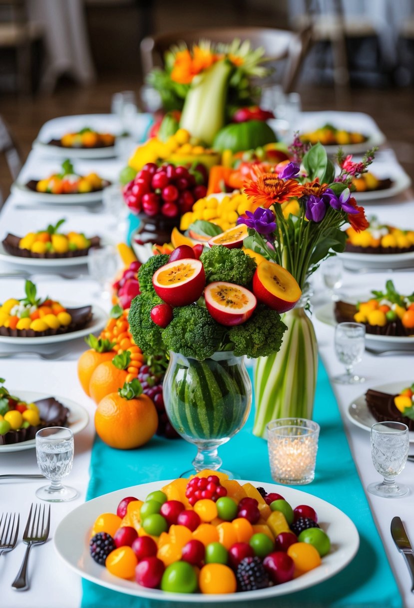 A table adorned with vibrant, edible centerpieces: fruit-filled vases, vegetable bouquets, and floral arrangements made of chocolate and candy