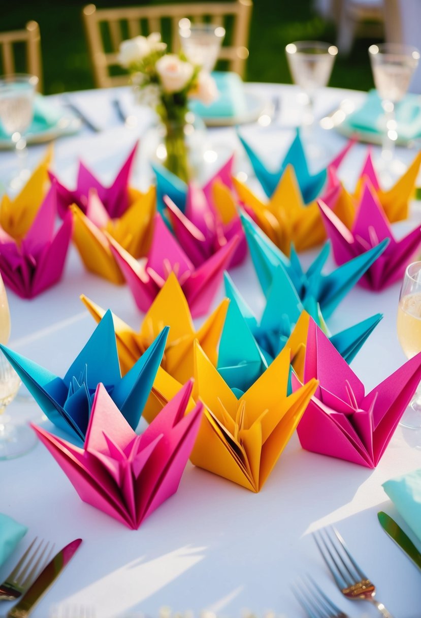 A cluster of colorful origami cranes adorns a wedding table, adding a quirky and charming touch to the decor