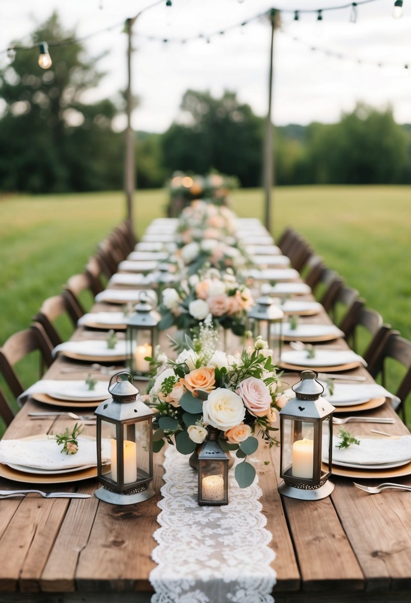 A rustic outdoor wedding table with floral centerpieces, vintage lanterns, and lace table runners