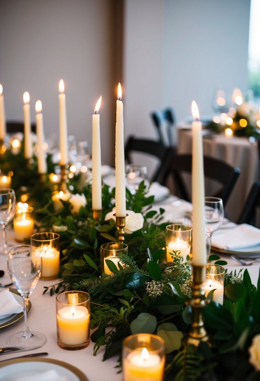 A table adorned with flickering candles and lush greenery, creating an elegant and romantic ambiance for a wedding celebration