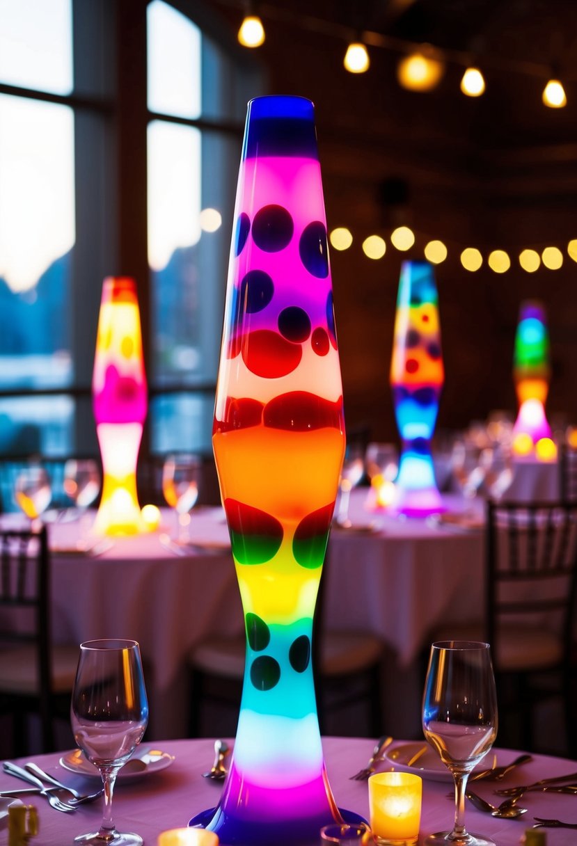 Colorful lava lamp centerpieces glow on tables, casting a warm and groovy ambiance at a quirky wedding reception