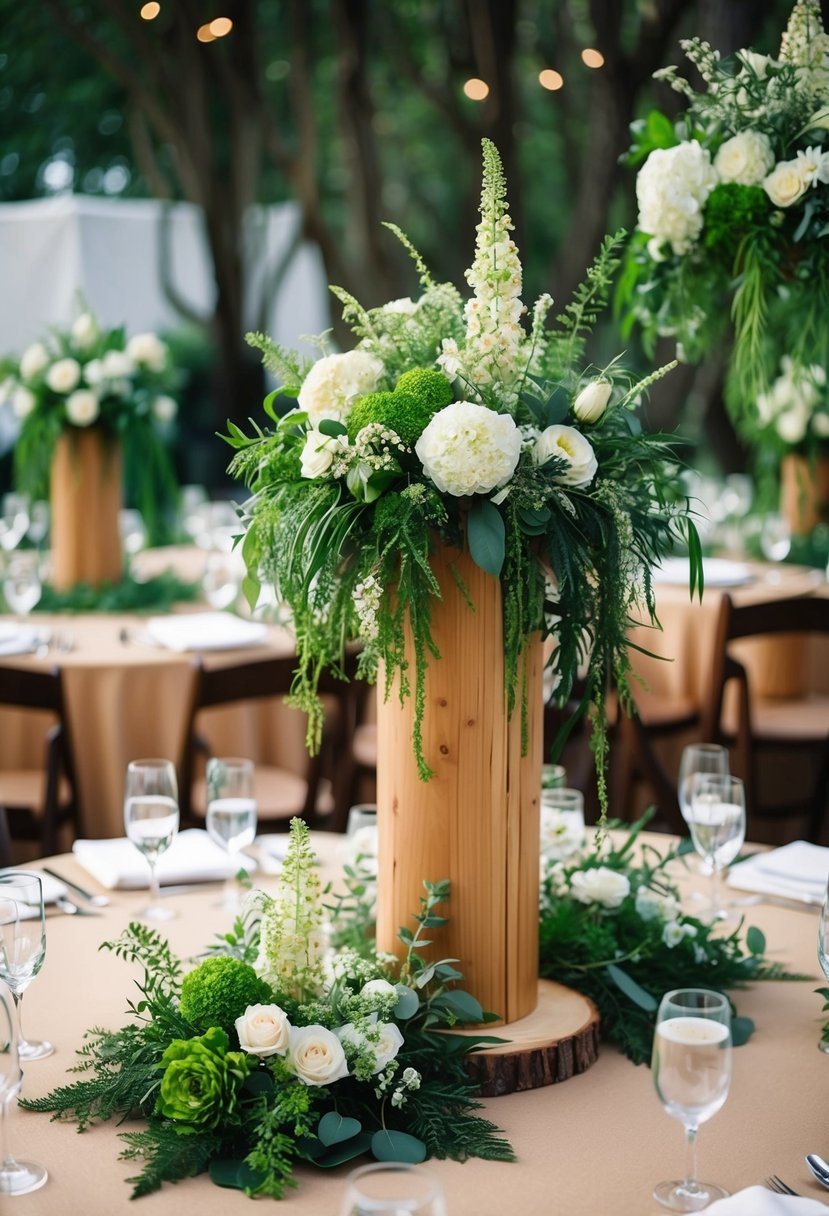 Lush greenery and delicate flowers cascade from wood bases, creating enchanting forest centerpieces for a themed wedding table