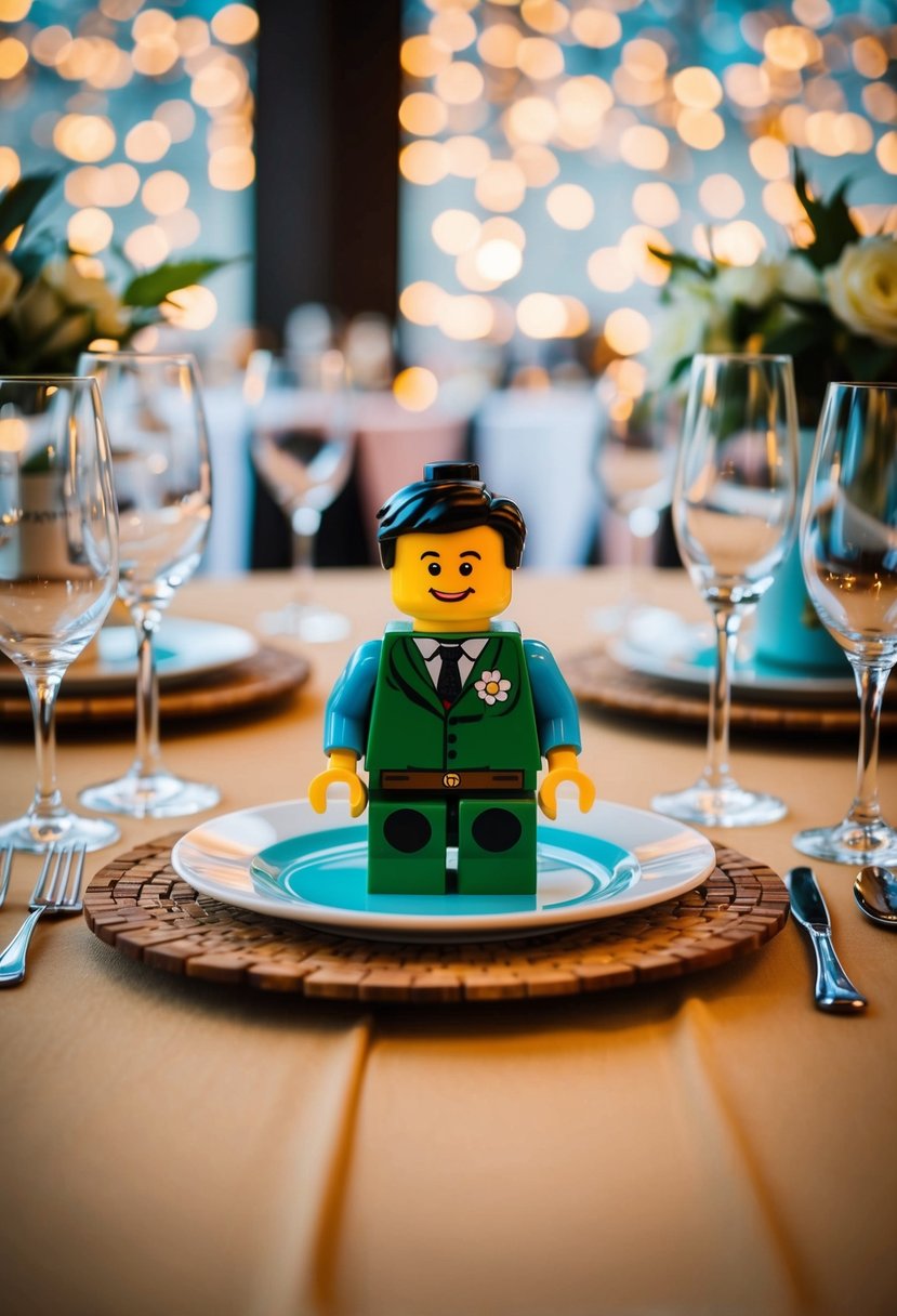 A Lego table setting with personalized quirky decorations for a wedding