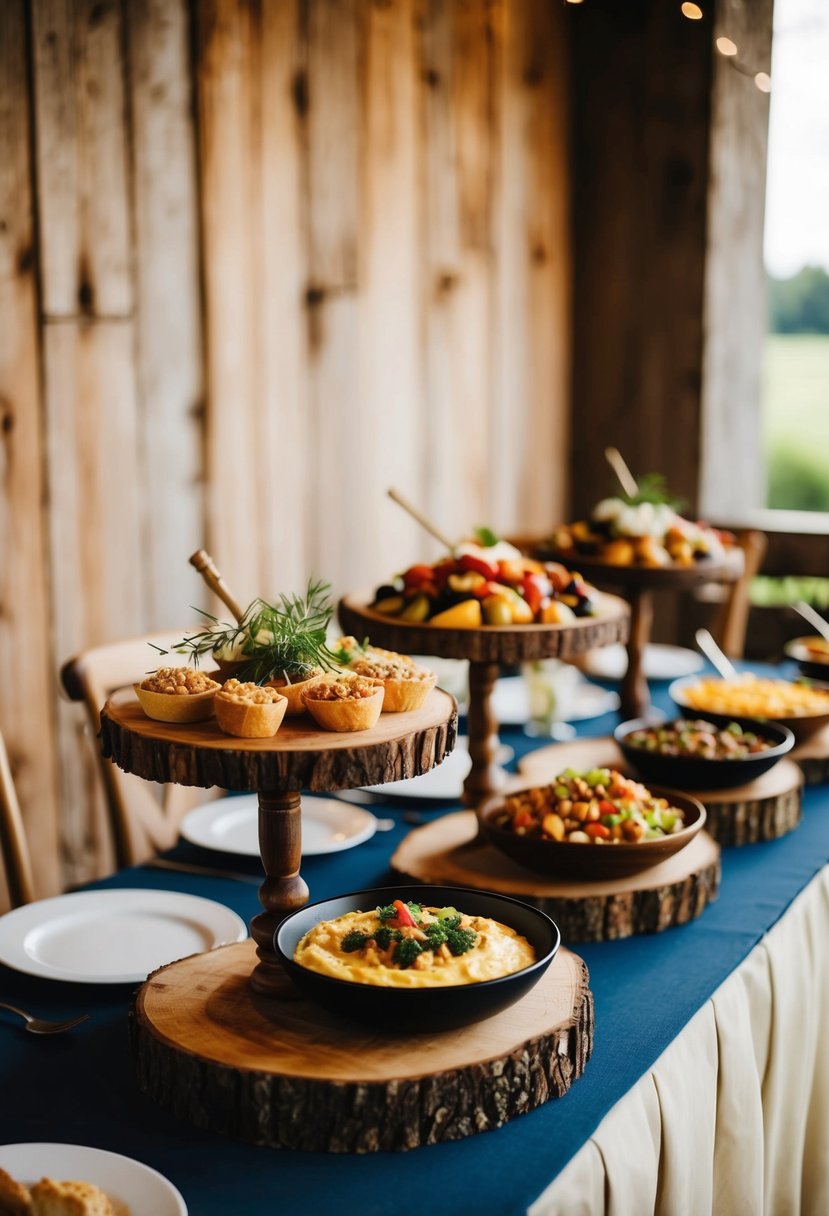 Wooden stands hold assorted foods on a rustic wedding table