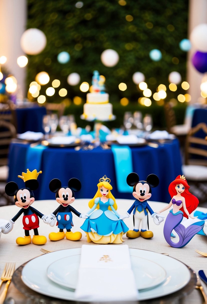 A table set with Disney-themed decorations, featuring iconic couples like Mickey and Minnie, Cinderella and Prince Charming, and Ariel and Eric