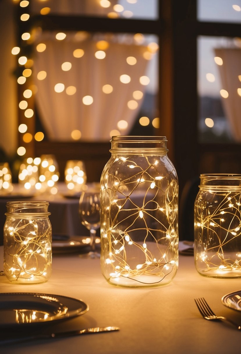 Glass jars filled with fairy lights illuminate a wedding table, creating a warm and magical ambiance