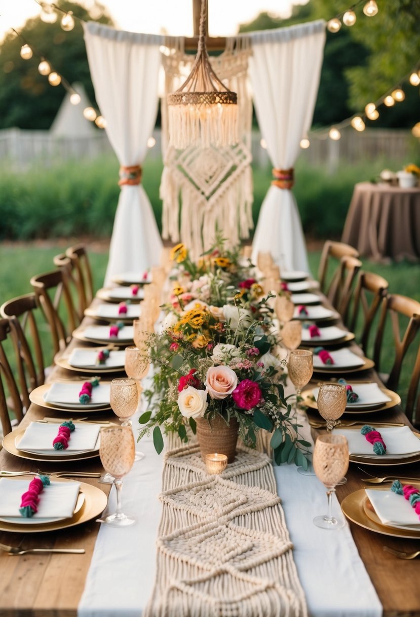 A whimsical wedding table adorned with bohemian macramé runners and eclectic decor