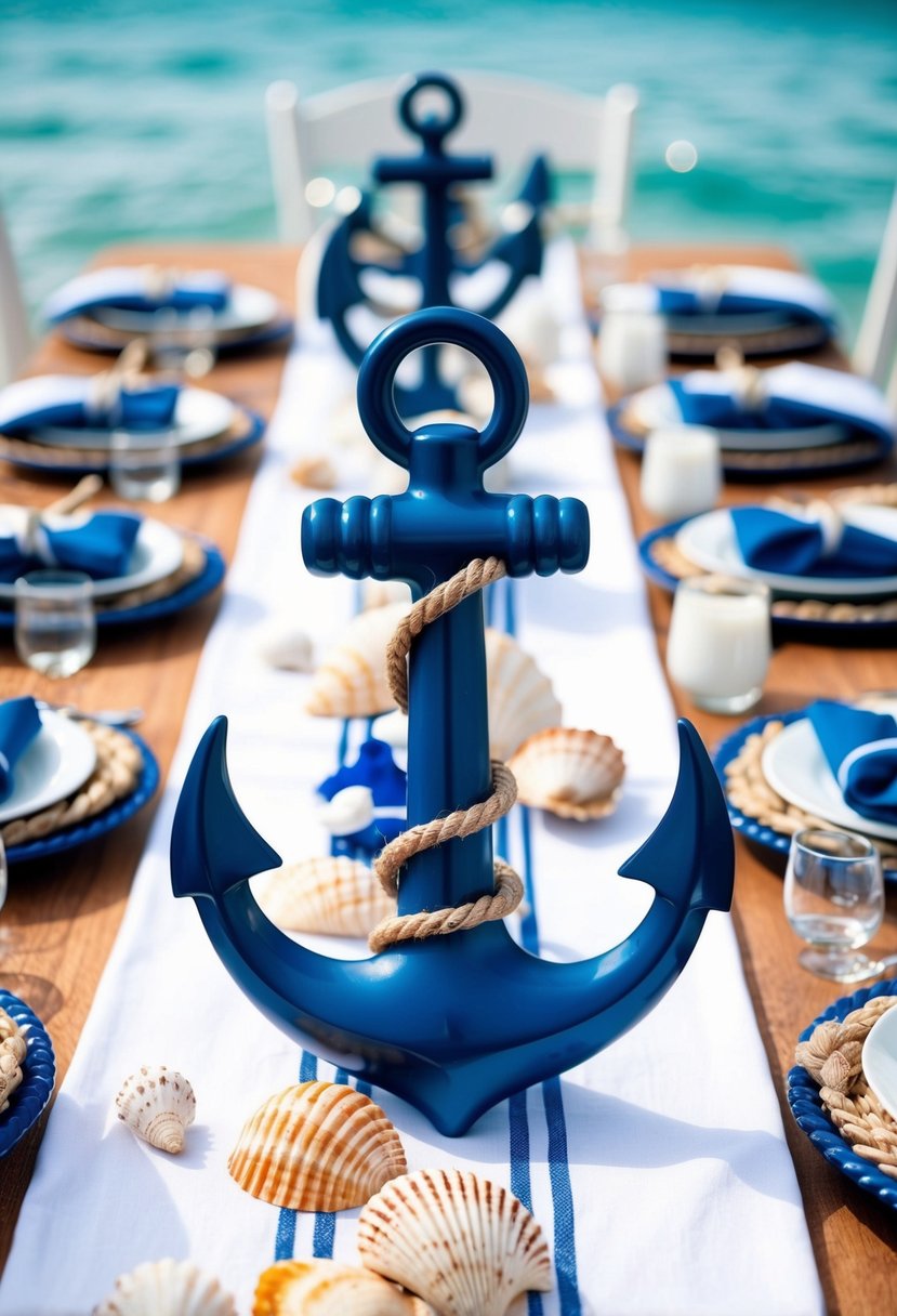 A table adorned with nautical-themed decorations: anchors, seashells, and blue and white accents create a maritime ambiance