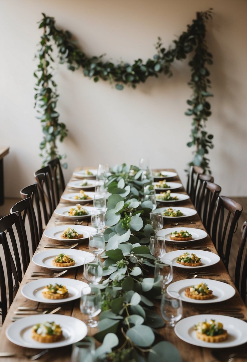 A eucalyptus garland drapes across a rustic wooden wedding table, accenting the spread of food and creating a natural, elegant atmosphere