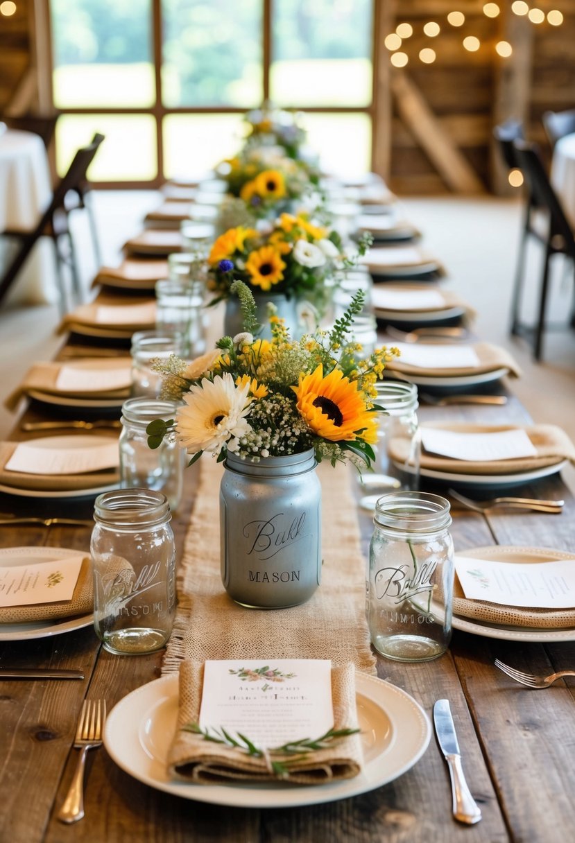 A rustic barn-inspired wedding table adorned with burlap runners, mason jar centerpieces, and wildflower arrangements