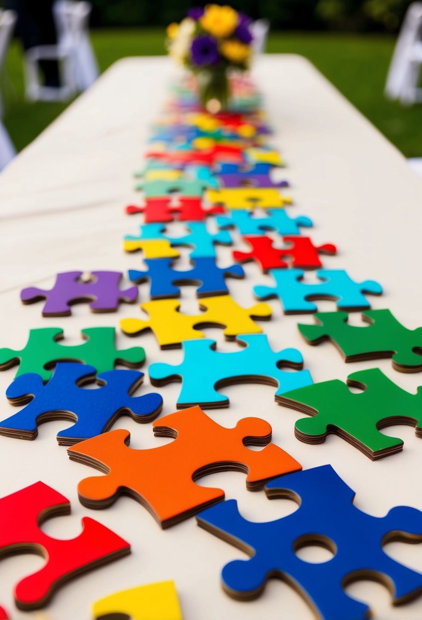 Colorful puzzle pieces arranged in a whimsical pattern on a wedding table, creating a unique and playful decoration