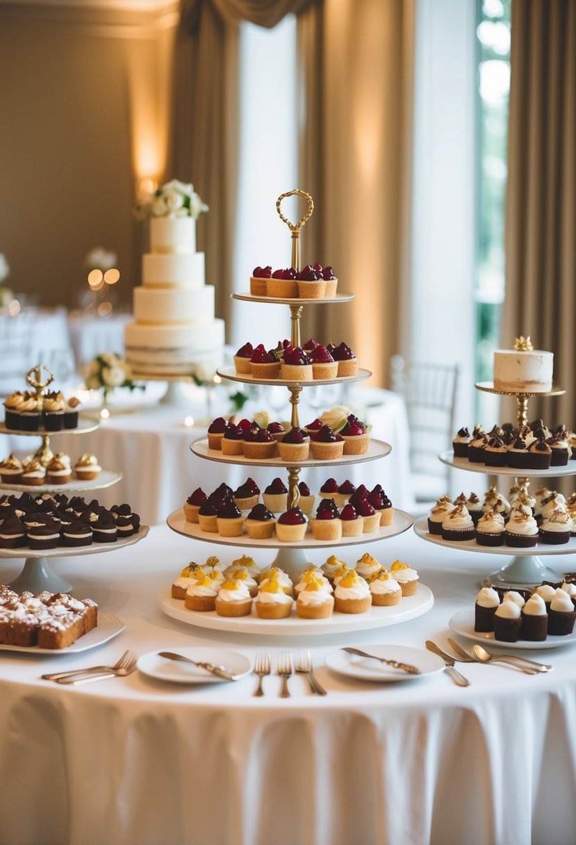 A variety of elegant cake stands arranged on a beautifully decorated wedding table, showcasing an array of delectable desserts