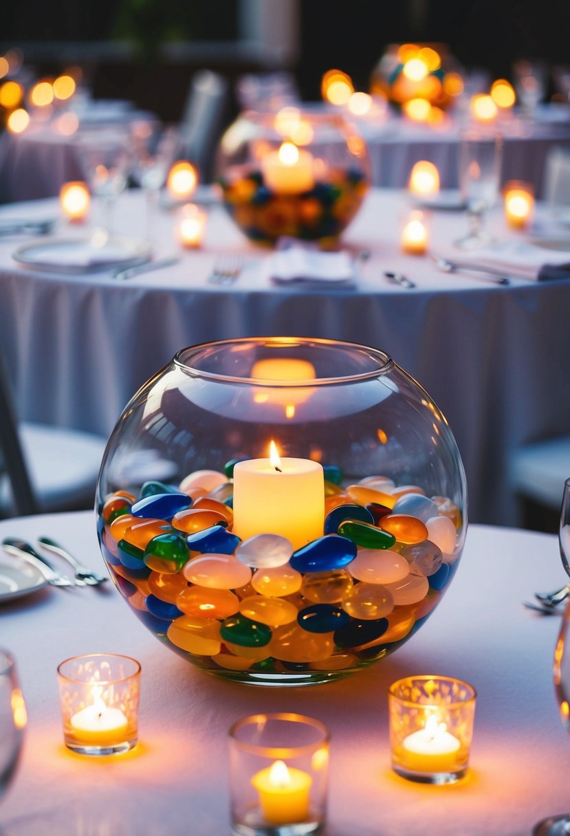 Fishbowl centerpieces filled with colorful pebbles, surrounded by flickering tea lights, adorn the wedding tables