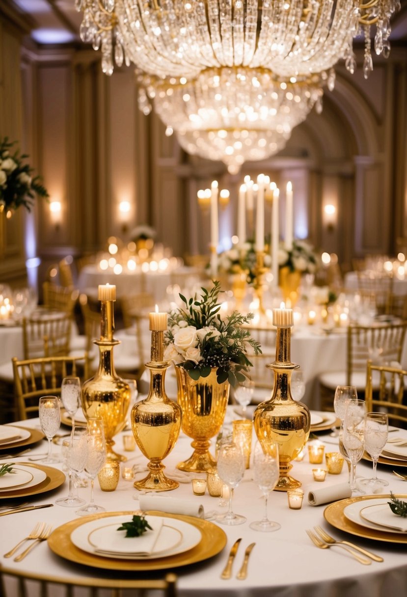 A lavish wedding table adorned with gilded vases, shimmering candles, and opulent golden accents