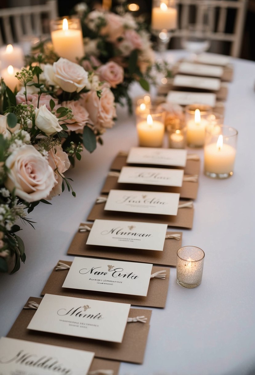 Elegant, handcrafted name cards arranged on a table with floral centerpieces and soft candlelight for a romantic wedding reception