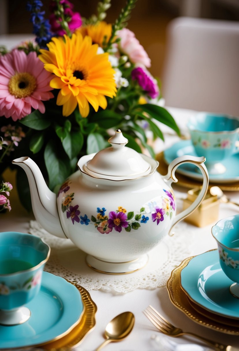 A vintage teapot surrounded by colorful flowers and delicate table settings for a tea party themed wedding decoration