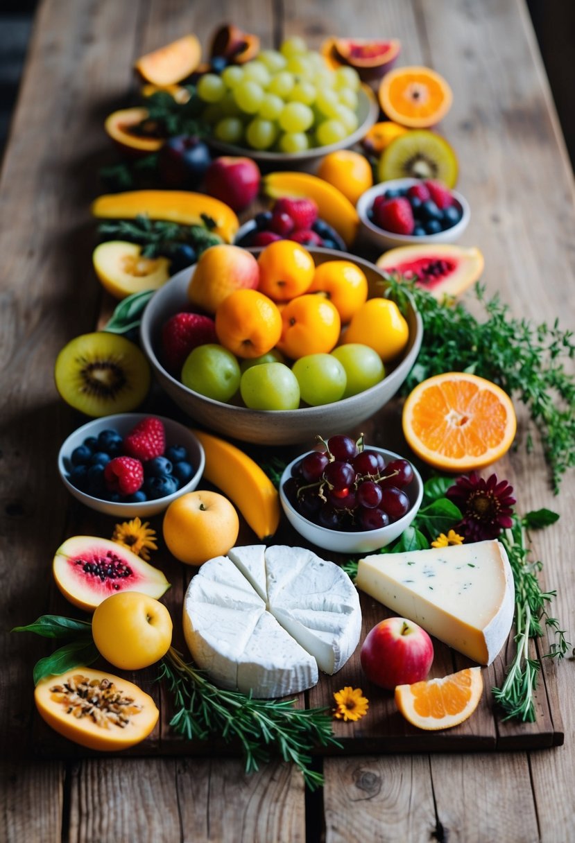 A rustic wooden table adorned with a variety of colorful fruits and an assortment of cheeses, accented with fresh herbs and flowers