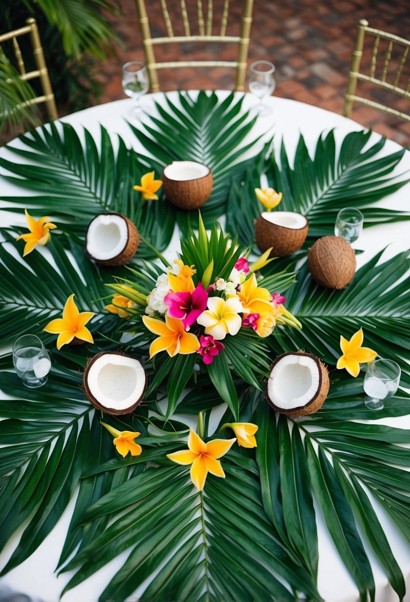 Lush green palm leaves arranged around a table with tropical flowers and coconuts, creating a vibrant and exotic wedding centerpiece