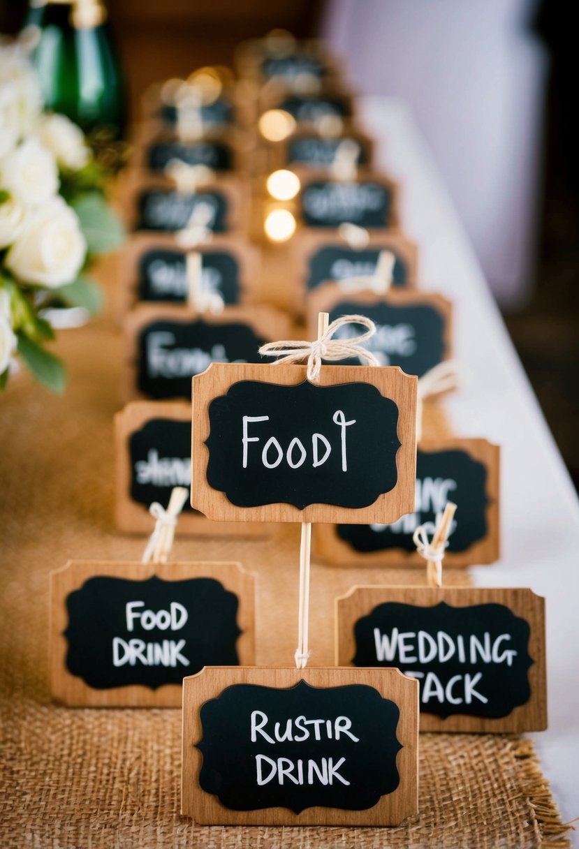 Mini chalkboard labels adorn rustic table, marking food and drink options at a wedding reception