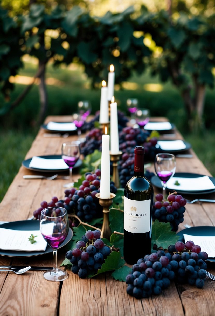 A rustic wooden table adorned with grapevine centerpieces, wine bottle candle holders, and clusters of deep purple grapes