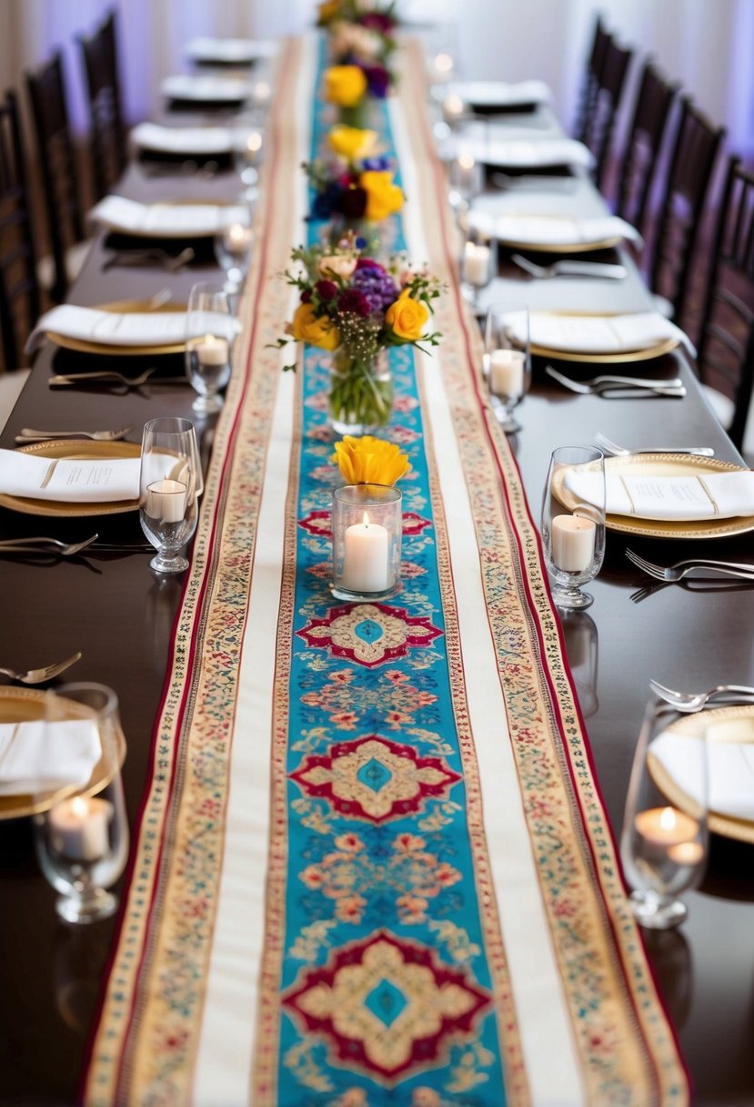 A long, elegant table runner adorned with intricate patterns and vibrant colors, complementing the beautifully set table for a wedding celebration