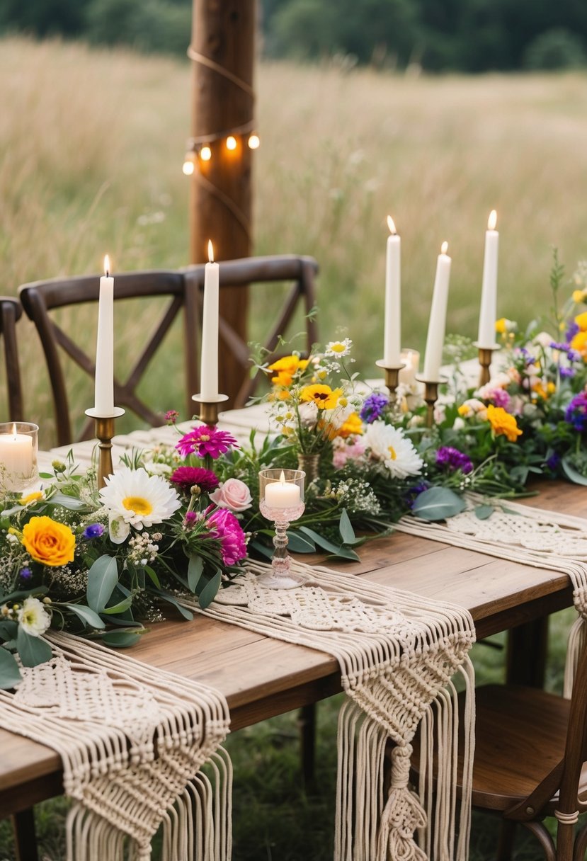 A table adorned with macramé runners, draped with wildflowers and candles, creating a bohemian dream wedding ambiance