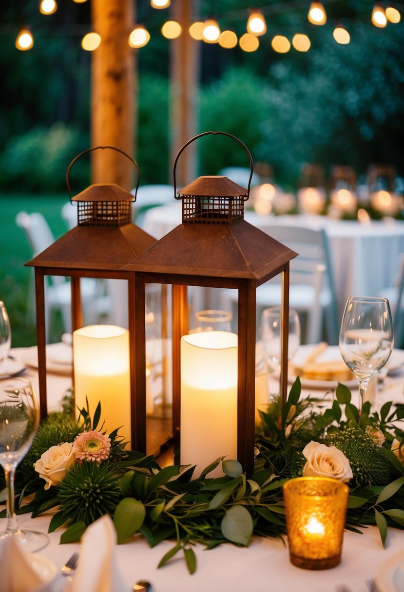 Rustic lanterns illuminate a wedding table, casting a warm glow on the surrounding greenery and floral centerpieces