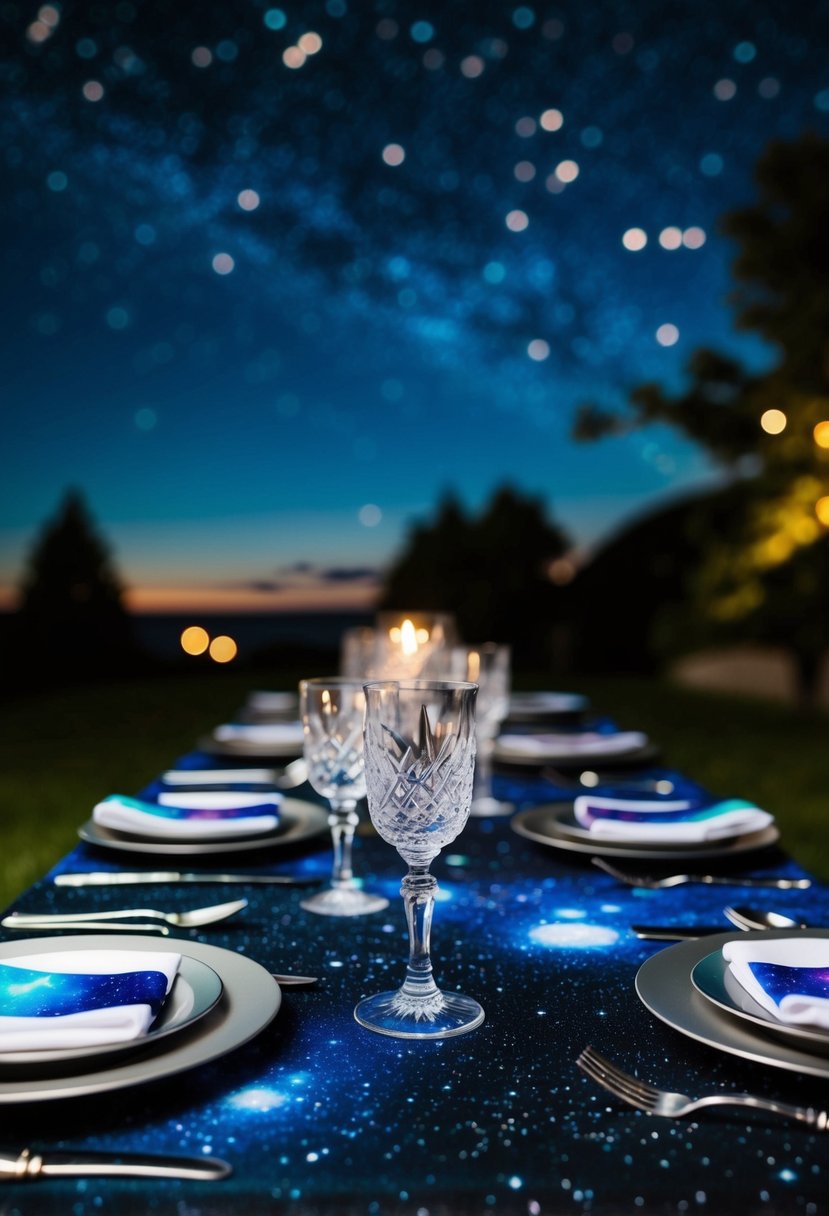 A table set with galaxy-themed linens, silver flatware, and crystal glassware under a starry night sky