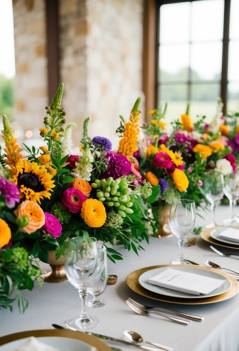 A table adorned with an array of vibrant seasonal fresh flowers, creating a stunning wedding centerpiece