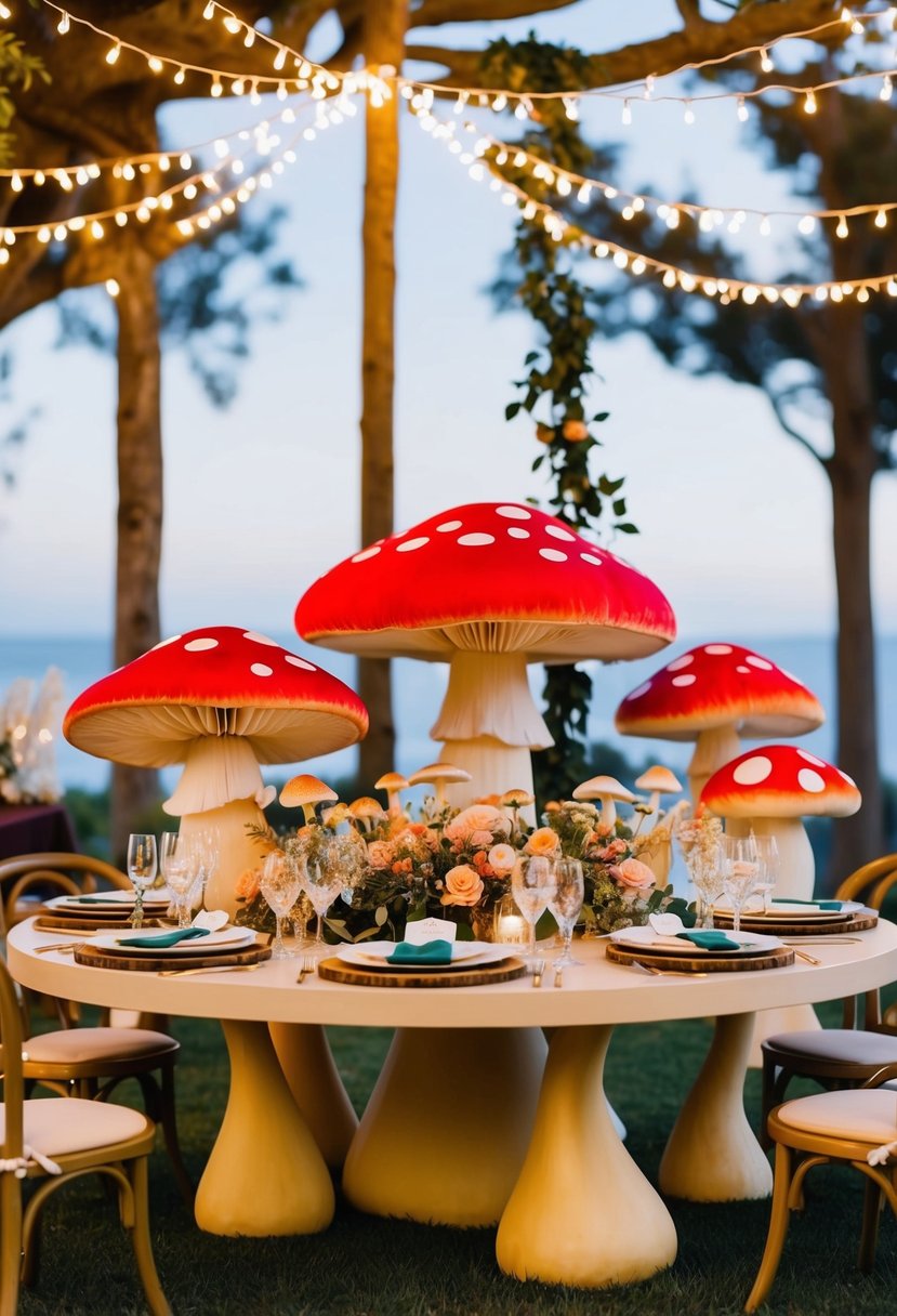 A whimsical fairytale mushroom-themed wedding table with vibrant, oversized mushrooms, sparkling fairy lights, and delicate floral arrangements