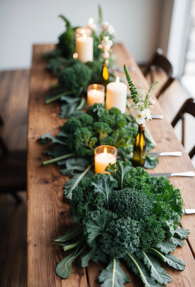 A rustic wooden table adorned with fresh kale centerpieces and greenery, accented with candles and delicate floral arrangements