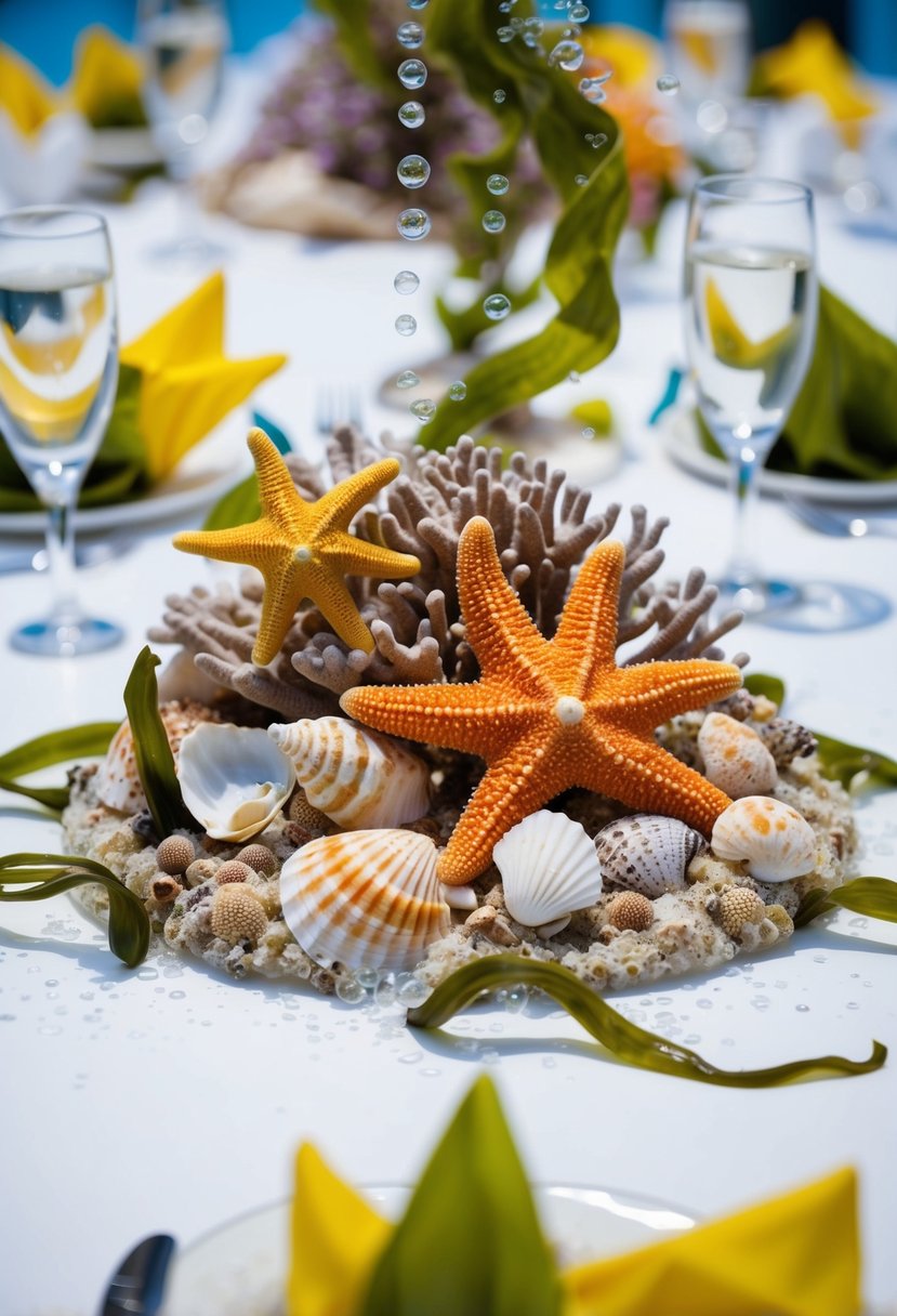 A coral reef with colorful starfish and seashells, surrounded by flowing seaweed and bubbles, serving as the centerpiece for an underwater-themed wedding table decoration