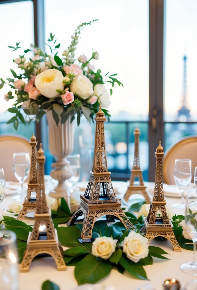 A table adorned with miniature Eiffel Tower models, Parisian chic decor, and elegant floral arrangements for a themed wedding celebration