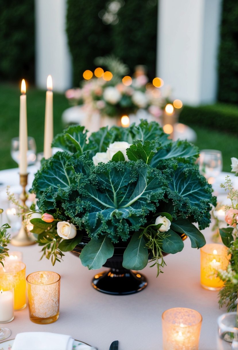 A lush centerpiece of ornamental kale adorns a wedding table, surrounded by flickering candles and delicate floral accents