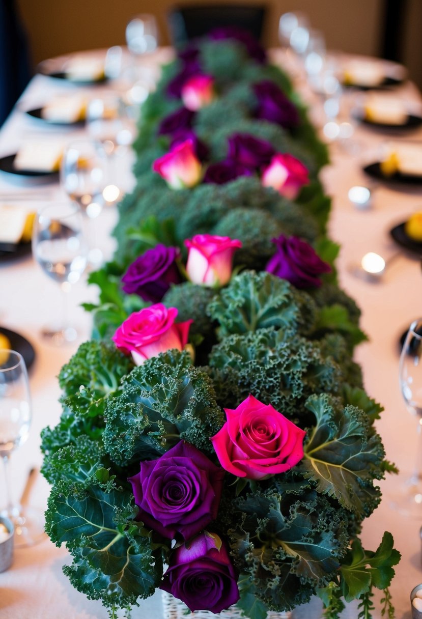 A vibrant arrangement of purple kale and roses adorns a wedding table, creating a stunning and unique centerpiece