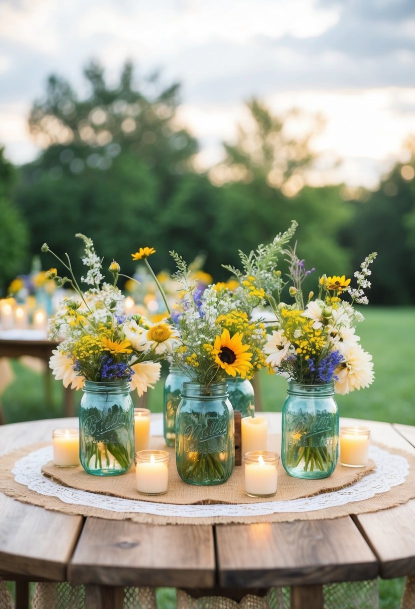 A wooden table adorned with mason jar centerpieces filled with wildflowers and candles, surrounded by burlap and lace accents