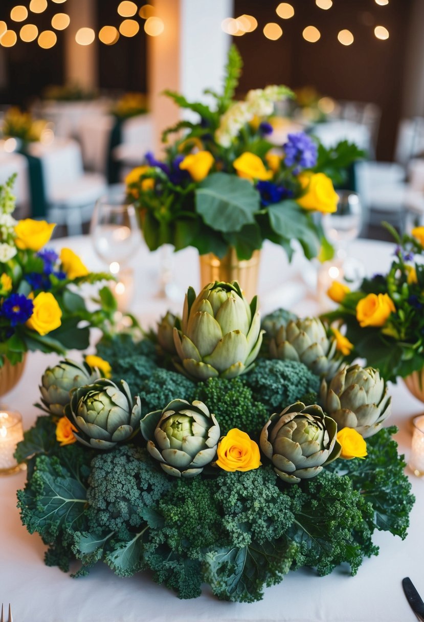 A vibrant floral display featuring kale and artichokes arranged in a decorative centerpiece for a wedding table