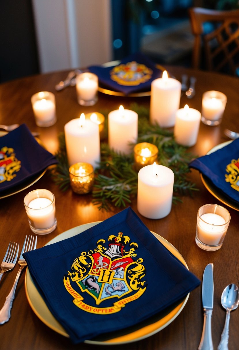 A table set with Harry Potter house-crest napkins, surrounded by lit candles and magical decor