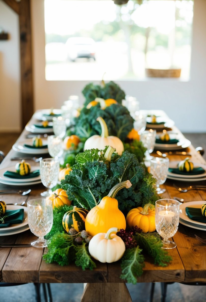 A rustic table adorned with vibrant kale and squash arrangements for a wedding centerpiece