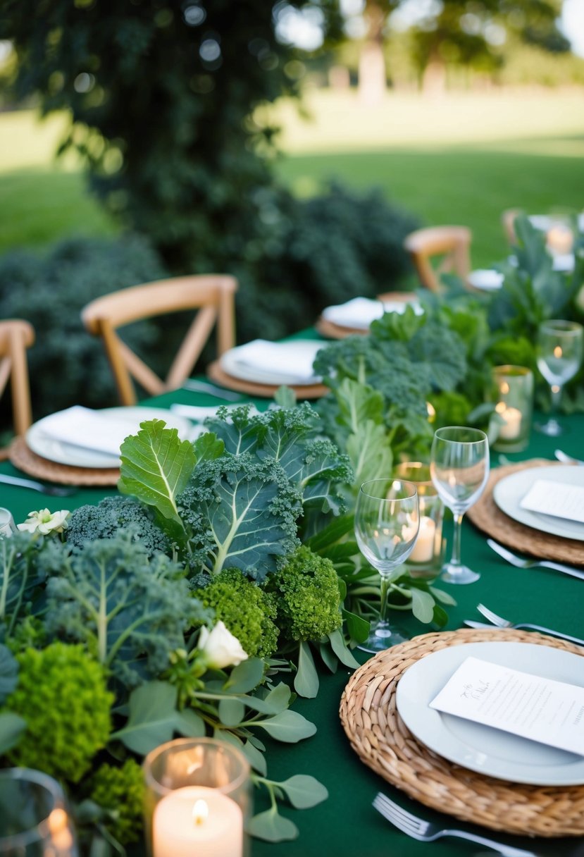 A lush greenery tablescape adorned with kale leaves, creating a vibrant and organic wedding decoration