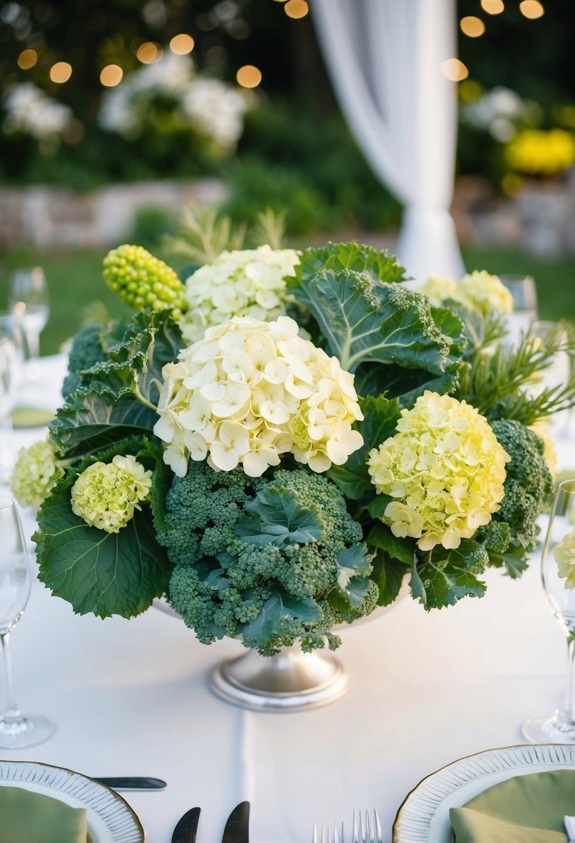 A lush centerpiece of kale and hydrangeas adorns a wedding table, adding a touch of natural elegance to the celebration