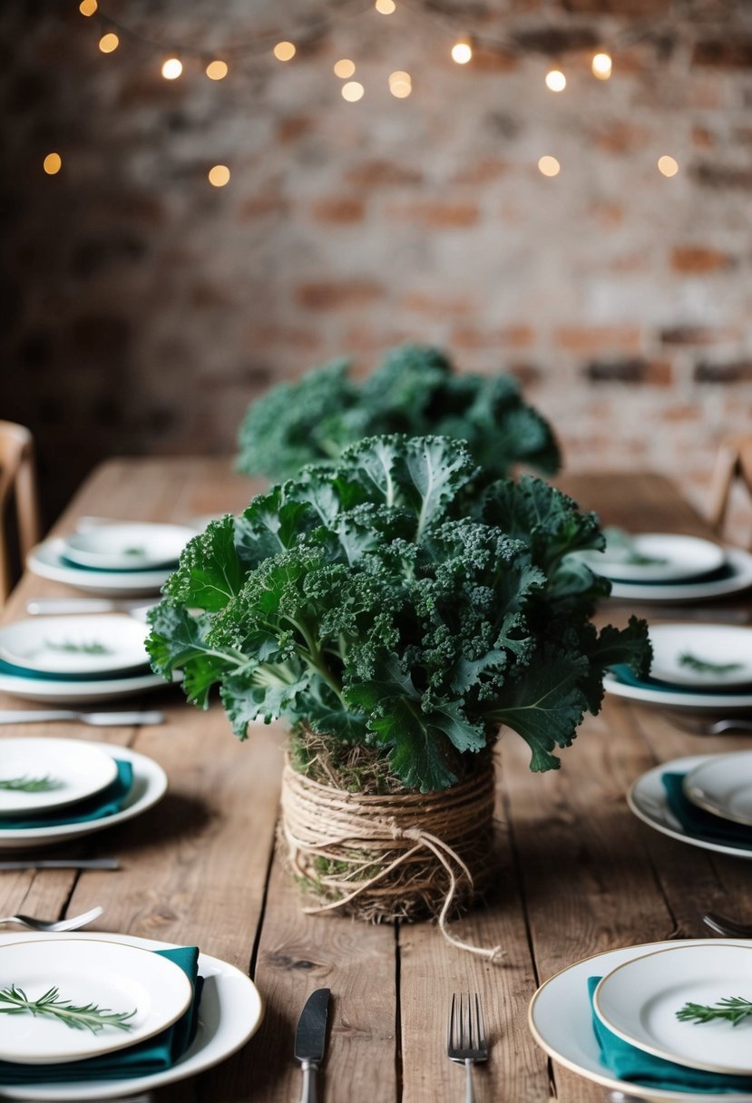 A rustic table adorned with kale and twine centerpiece