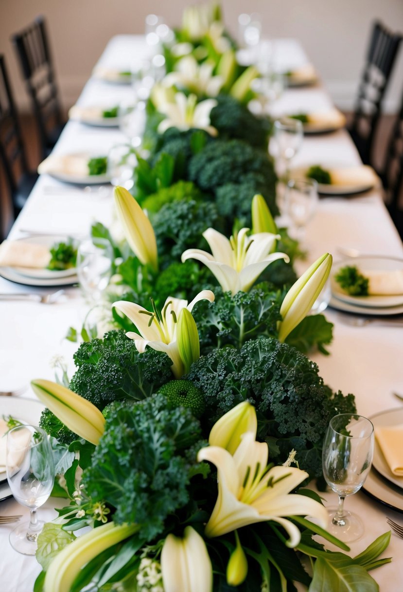 A lush arrangement of kale and lilies adorns a wedding table, exuding elegance and natural beauty