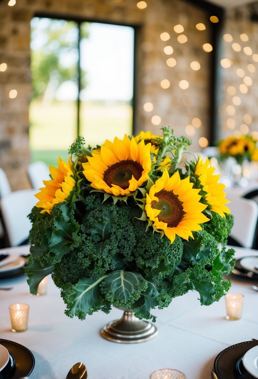 A table adorned with fresh kale and sunflowers for a wedding centerpiece