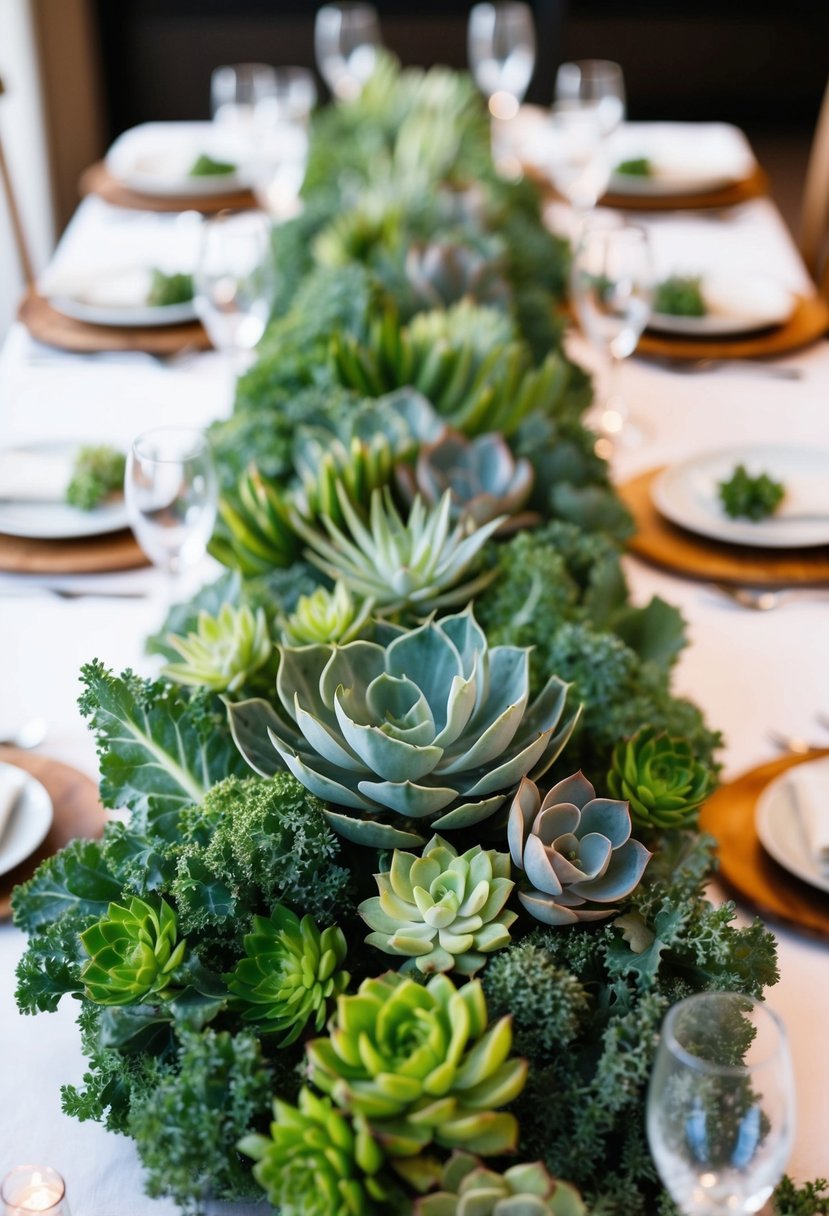 A lush arrangement of kale and succulents adorns a wedding table, creating a natural and elegant centerpiece