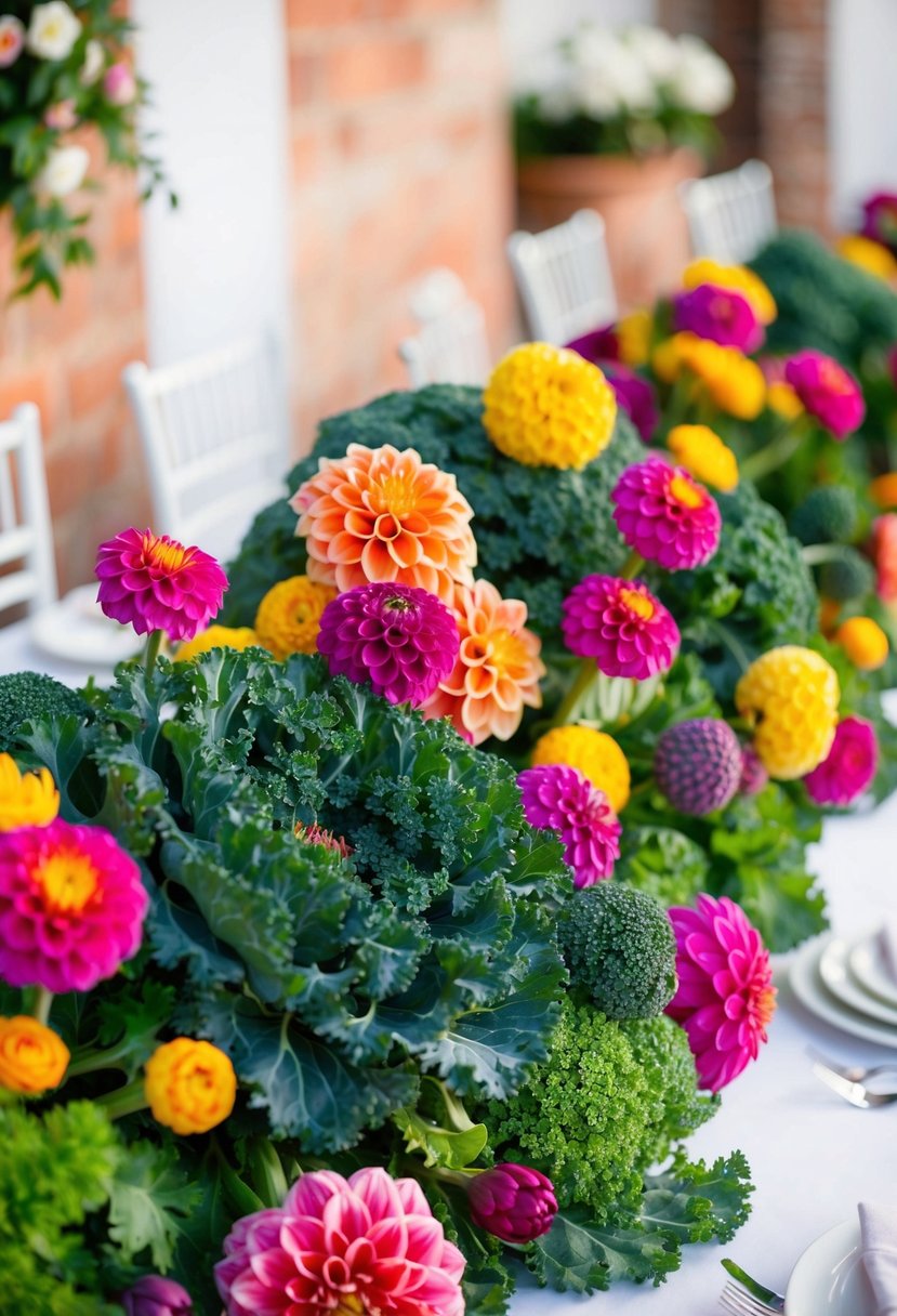 A lush display of vibrant kale and dahlia flowers adorns a wedding table, creating a stunning and colorful centerpiece