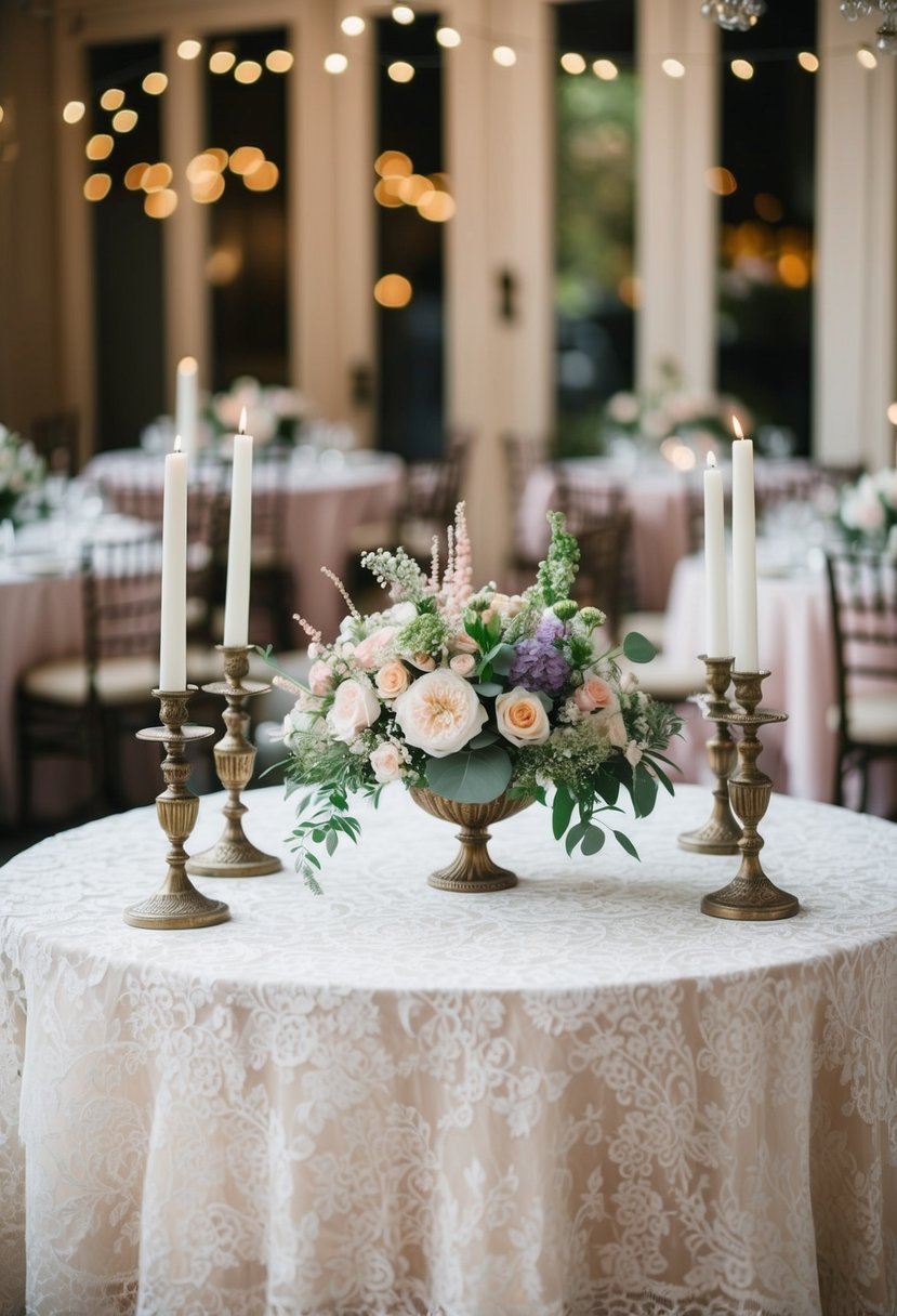 A vintage chic wedding table with lace tablecloth, antique candlesticks, and floral centerpieces in soft pastel colors