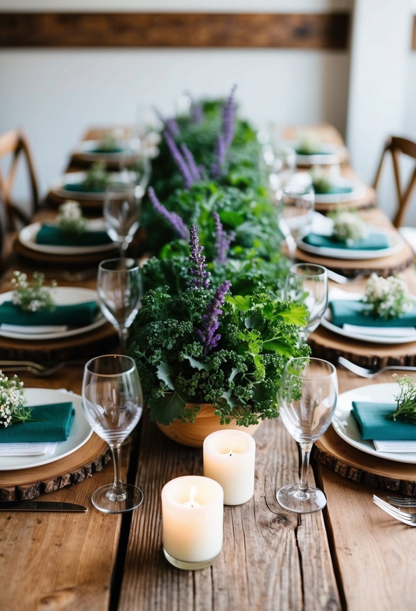 A rustic wooden table adorned with fresh kale and lavender centerpieces, accented with delicate white flowers and candles