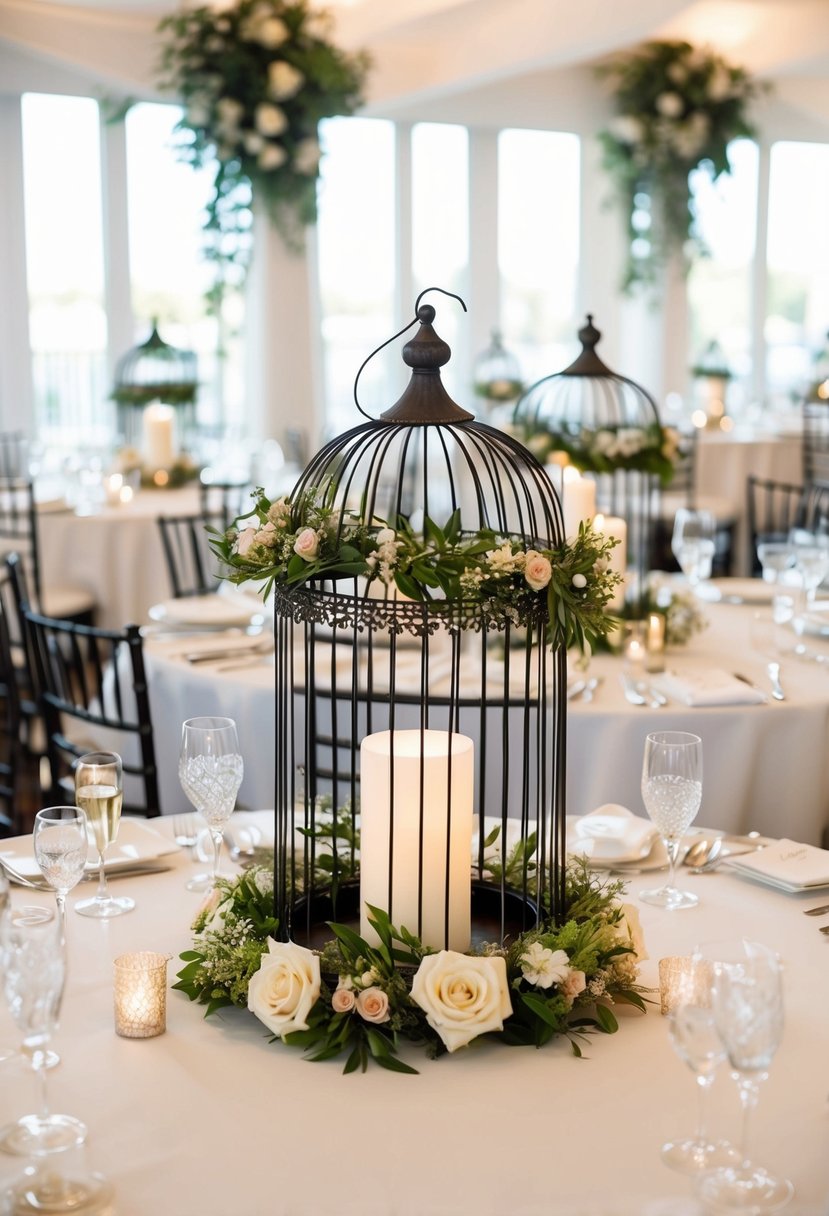 Elegant birdcage centerpieces adorned with floral wreaths on vintage chic wedding tables