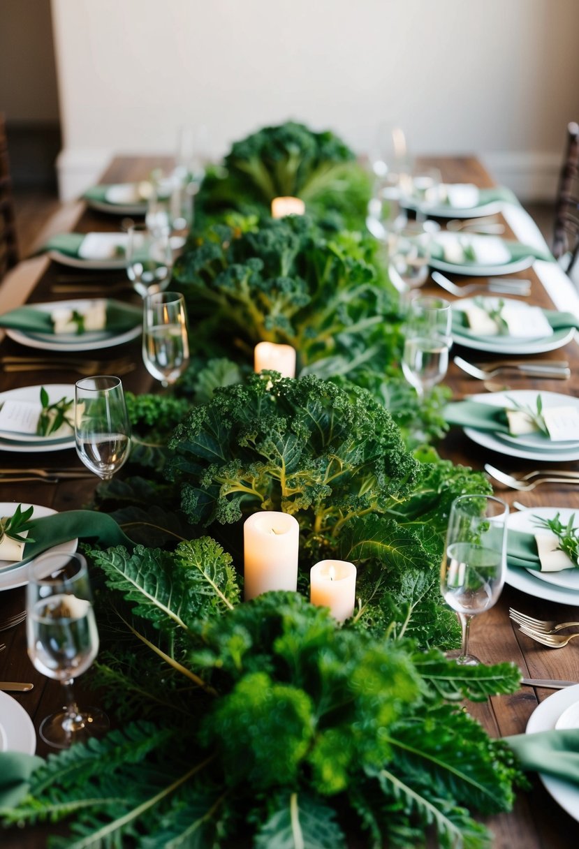 A lush table spread with vibrant green kale and ferns, creating a natural and elegant wedding decoration